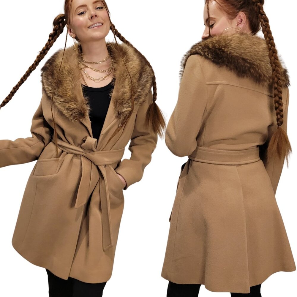 Vintage 1970's Tan Belted Lined Wool Blend Peacoat Real Fox Fur Stole
